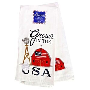 Grown in the USA Patriotic Kitchen Towels American Flag Red Barn Cotton 2pc NEW